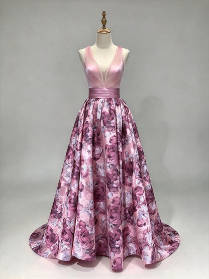 Pink Deep V Satin Floral Print A-Line Evening Gown with Satin Waistband
