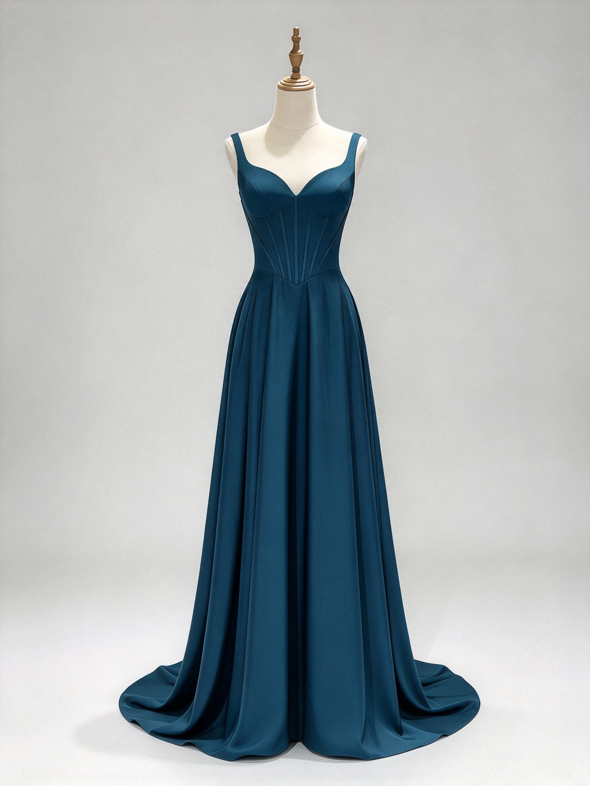Teal Satin Sweetheart Corset Spaghetti Strap A-Line Evening Gown