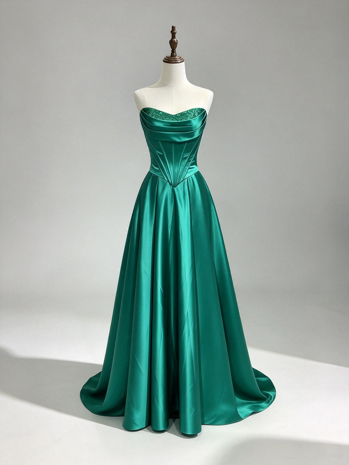 Strapless Emerald Green Satin Corset Evening Dress, Sparkle Detail Formal Gown