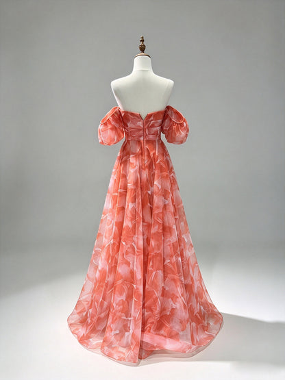 Off Shoulder Puff Sleeve Orange Floral Organza Prom Dress, A-Line Formal Gown