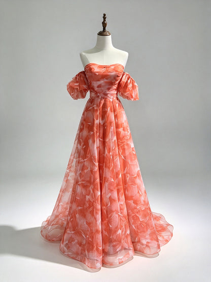Off Shoulder Puff Sleeve Orange Floral Organza Prom Dress, A-Line Formal Gown