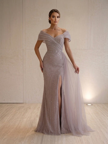 Dusty Lavender Off-The-Shoulder Wrap Beaded Mermaid Evening Dress With High Slit & Tulle Drape