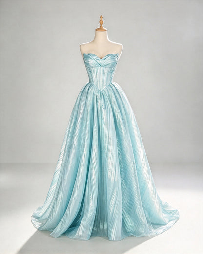 Light Cyan Strapless Sweetheart Shimmer Metallic A-Line Prom Dress
