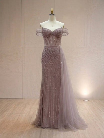Dusty Mauve Off-The-Shoulder Plunge Beaded Mermaid Formal Evening Dress With Tulle Side Panel