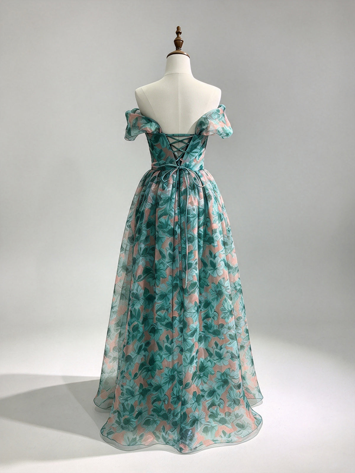 Off Shoulder Teal Floral Organza Formal Gown, Corset A-Line Long Evening Dress