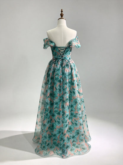 Off Shoulder Teal Floral Organza Formal Gown, Corset A-Line Long Evening Dress