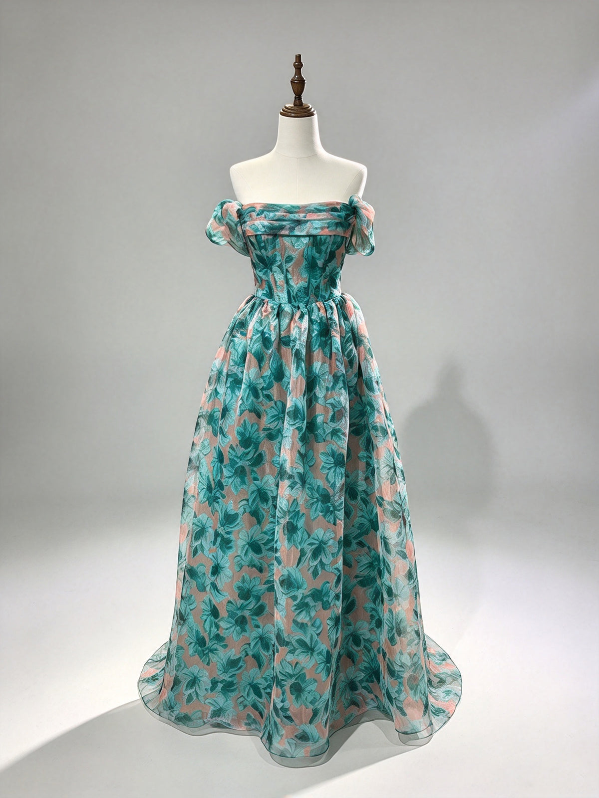 Off Shoulder Teal Floral Organza Formal Gown, Corset A-Line Long Evening Dress