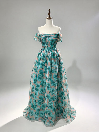 Off Shoulder Teal Floral Organza Formal Gown, Corset A-Line Long Evening Dress