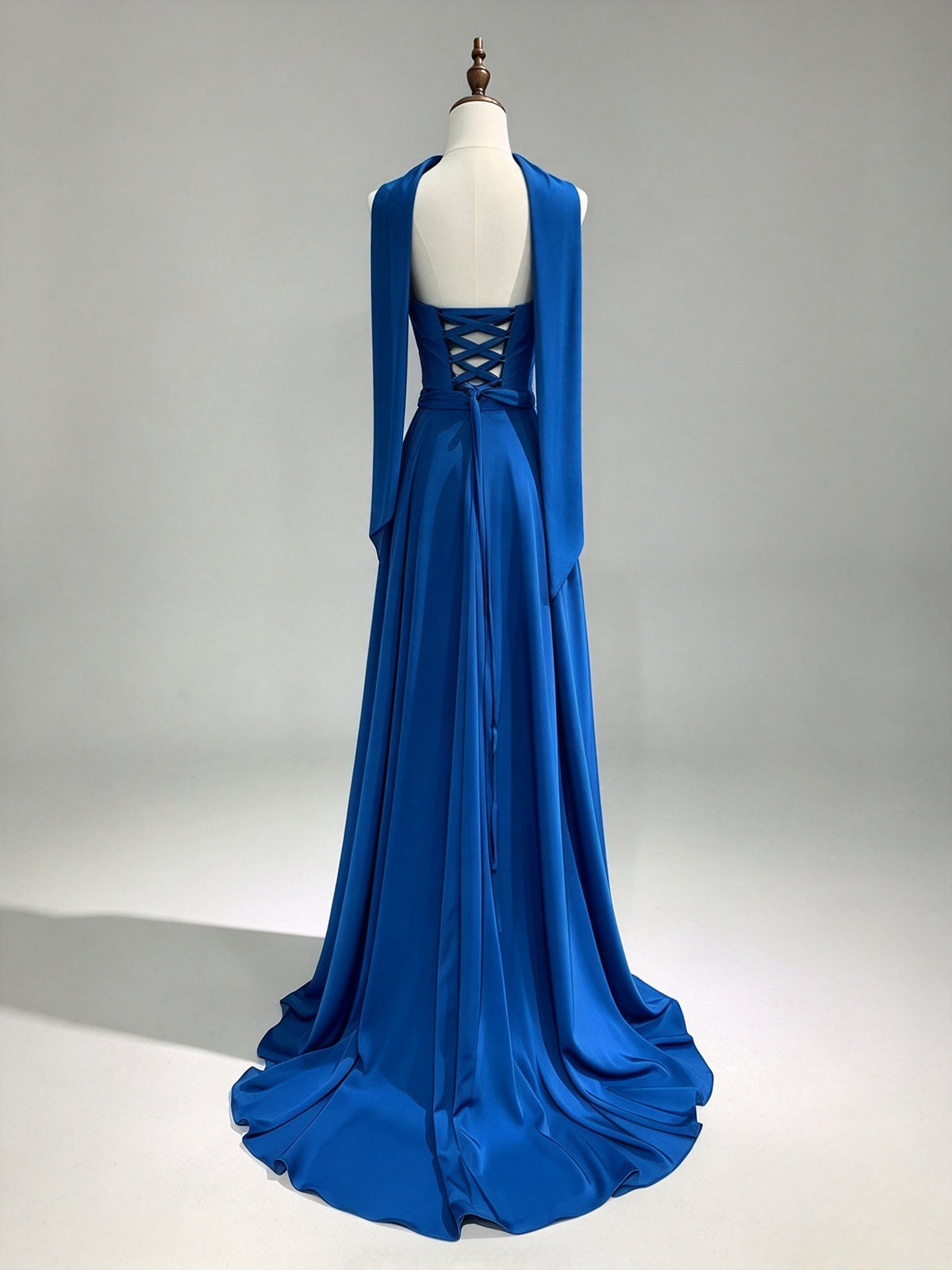 Strapless Royal Blue Chiffon Evening Gown with Attached Scarf, Elegant Formal Dress