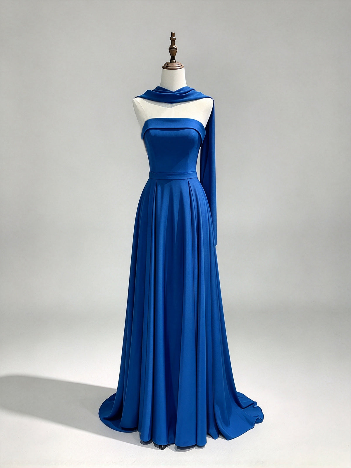 Strapless Royal Blue Chiffon Evening Gown with Attached Scarf, Elegant Formal Dress
