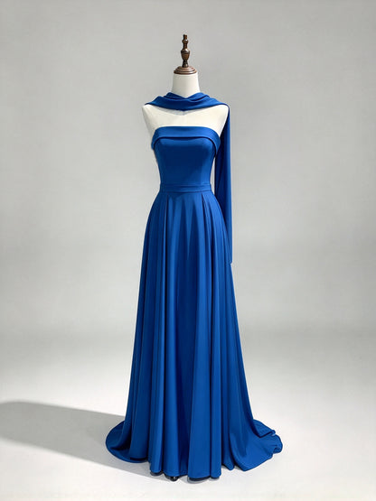 Strapless Royal Blue Chiffon Evening Gown with Attached Scarf, Elegant Formal Dress