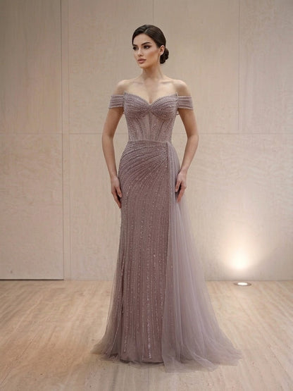 Dusty Mauve Off-The-Shoulder Plunge Beaded Mermaid Formal Evening Dress With Tulle Side Panel
