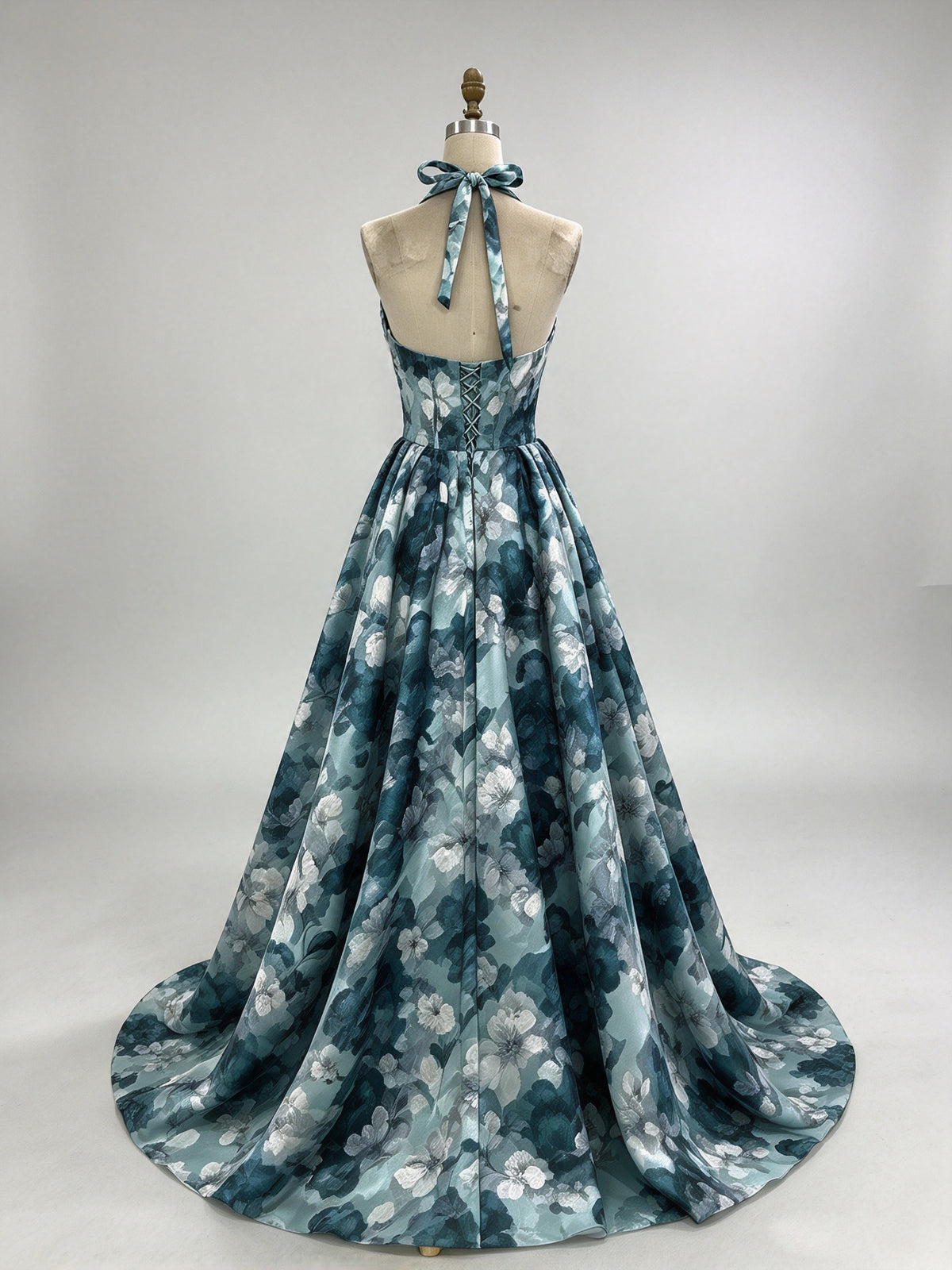 Teal Floral Print Halter Deep V Satin A-Line Evening Dress with Train