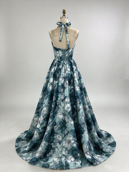 Teal Floral Print Halter Deep V Satin A-Line Evening Dress with Train