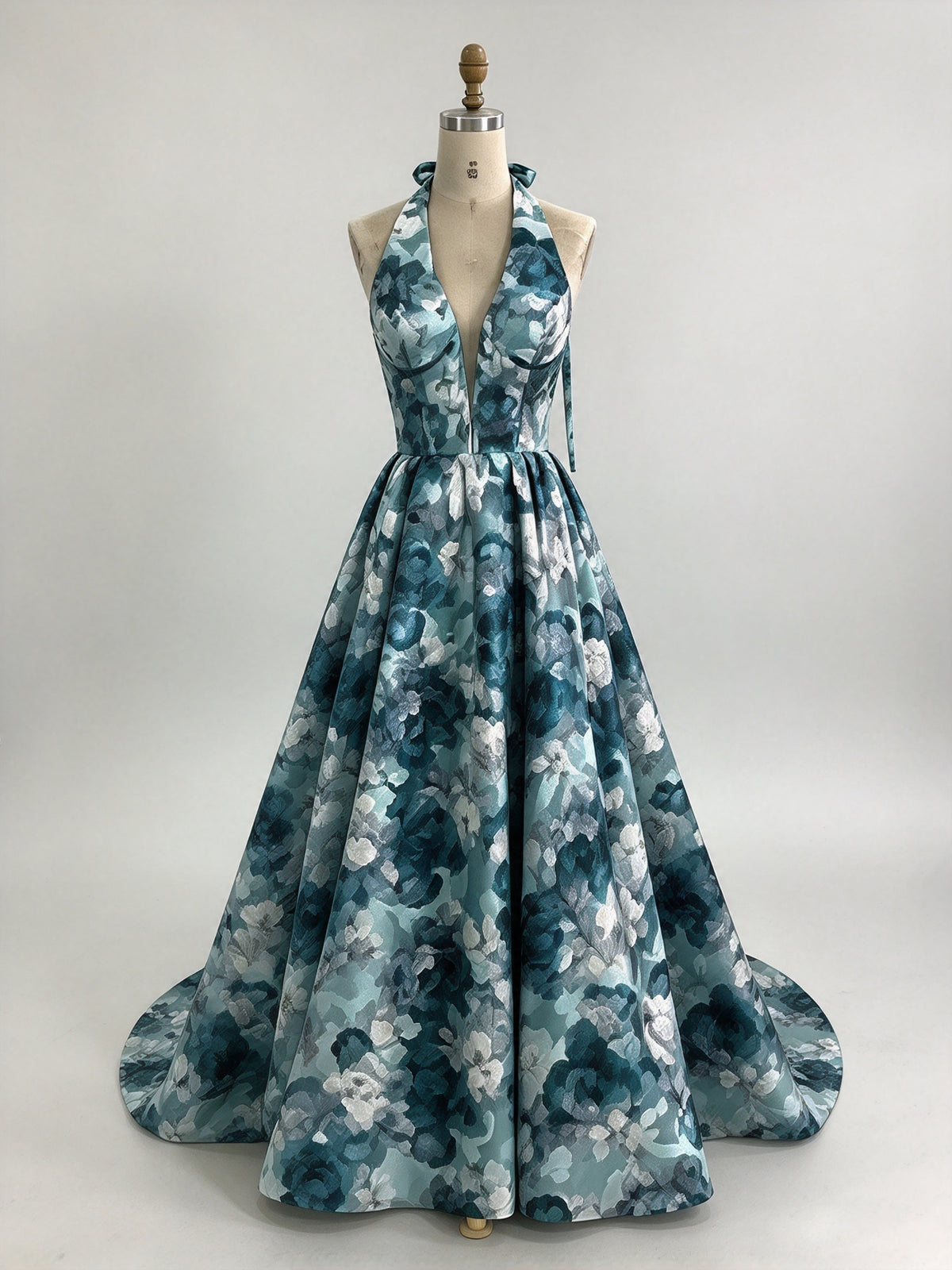 Teal Floral Print Halter Deep V Satin A-Line Evening Dress with Train