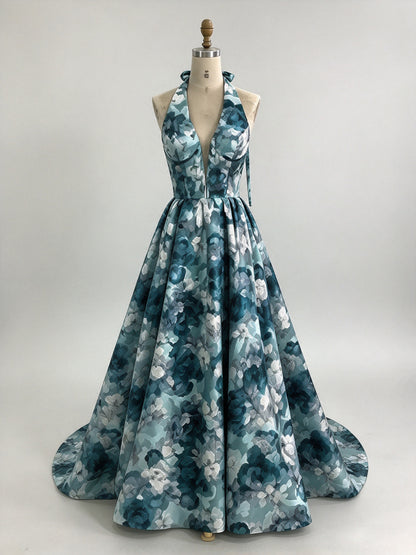 Teal Floral Print Halter Deep V Satin A-Line Evening Dress with Train