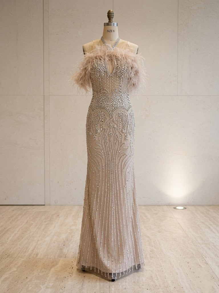 Nude Champagne Off-The-Shoulder Feather Trim Beaded Mermaid Evening Gown