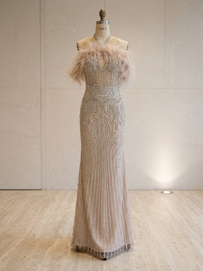 Nude Champagne Off-The-Shoulder Feather Trim Beaded Mermaid Evening Gown