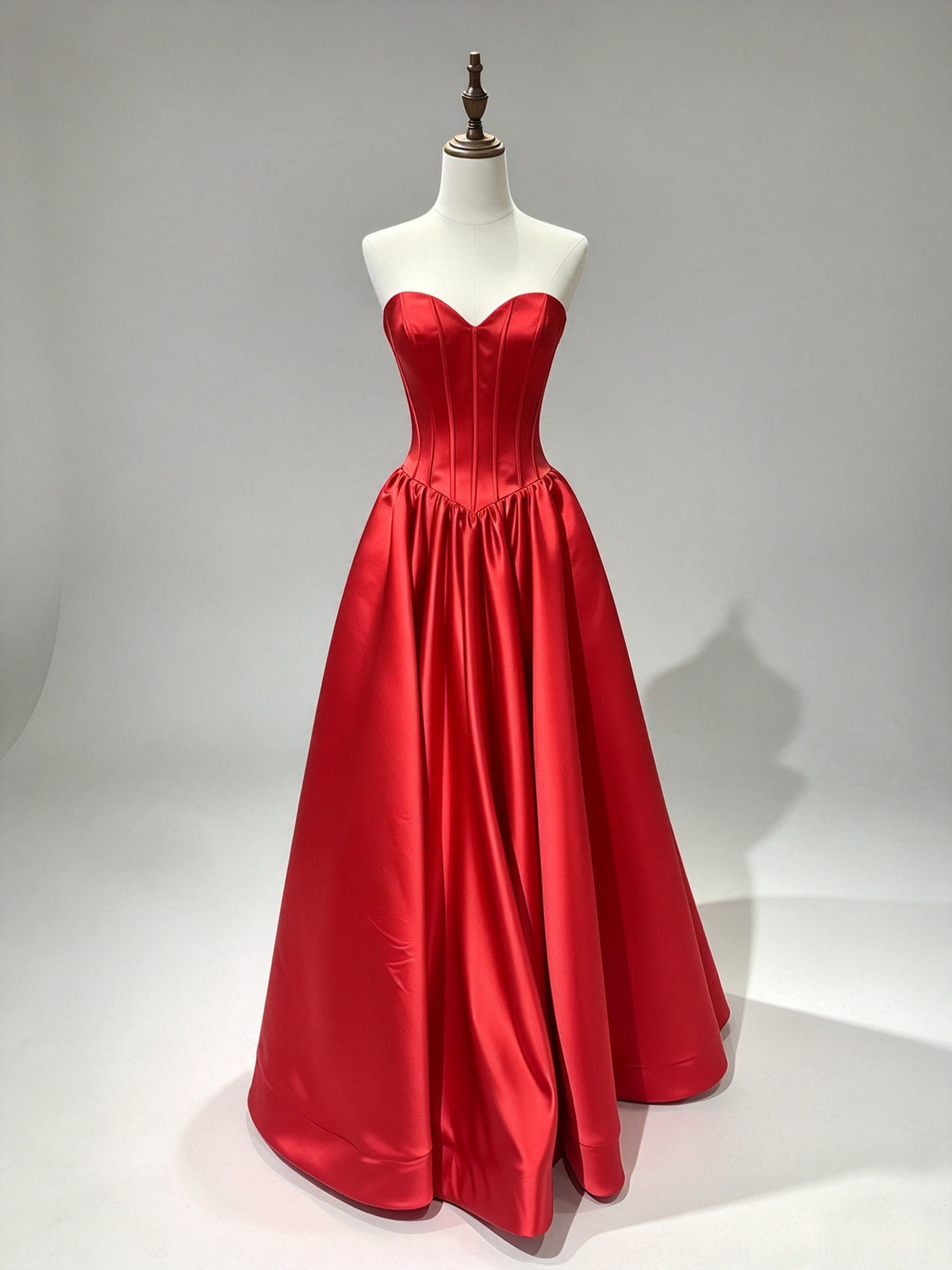 Strapless Red Satin Sweetheart Prom Dress, Boned Corset A-Line Formal Gown
