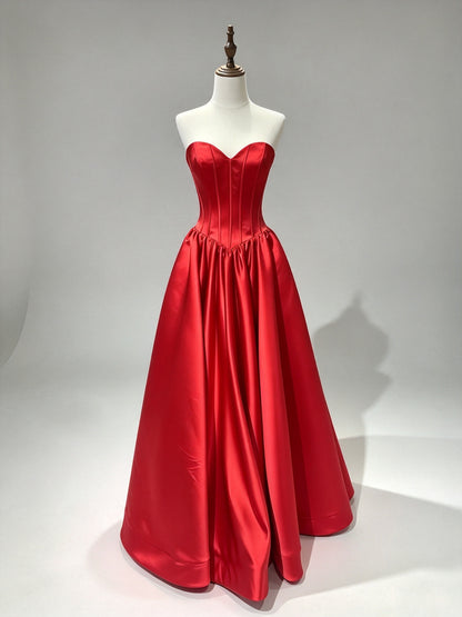 Strapless Red Satin Sweetheart Prom Dress, Boned Corset A-Line Formal Gown