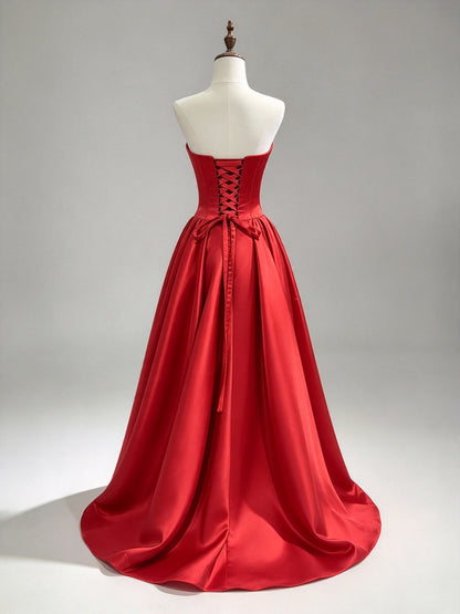 Strapless Red Satin Sweetheart Prom Dress, Boned Corset A-Line Formal Gown