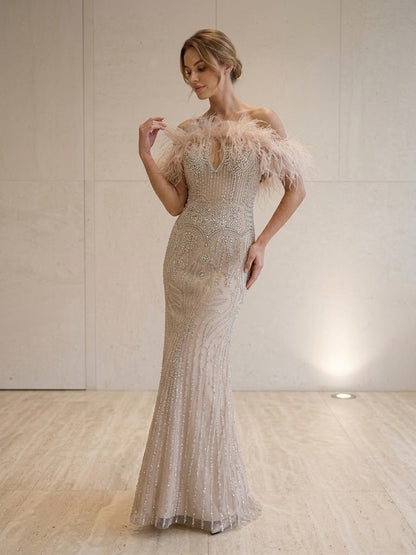 Nude Champagne Off-The-Shoulder Feather Trim Beaded Mermaid Evening Gown