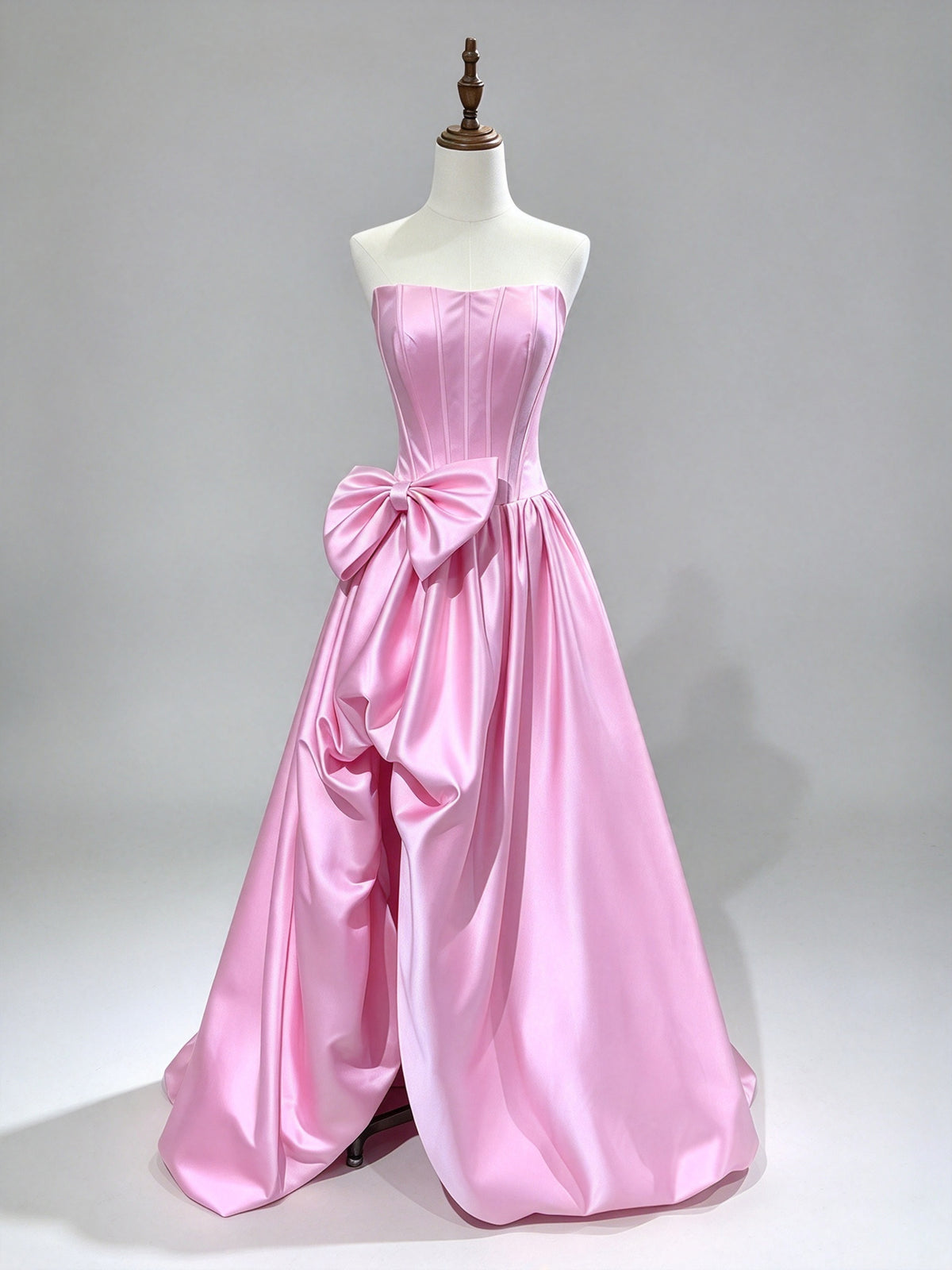 Strapless Pink Satin Evening Gown with Large Bow, A-Line Formal Prom Dress