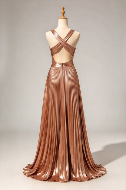 Metallic Bronze Deep V Pleated Evening Gown
