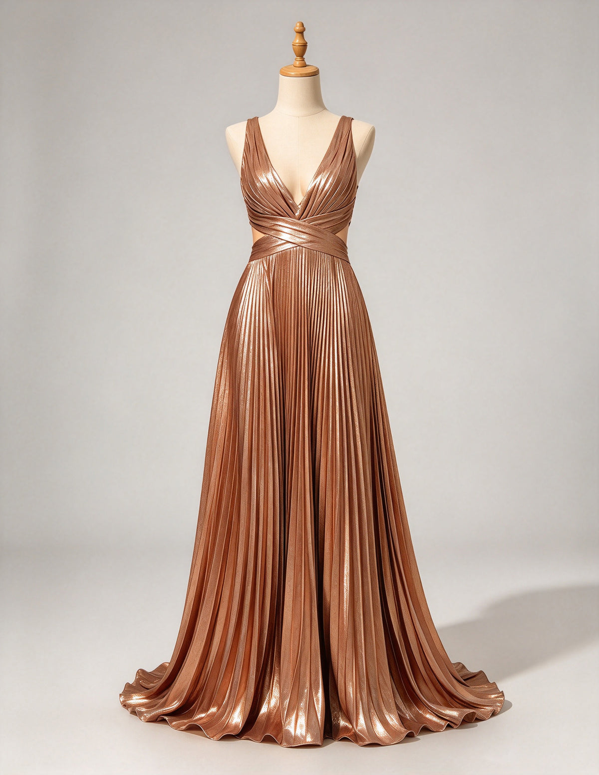 Metallic Bronze Deep V Pleated Evening Gown