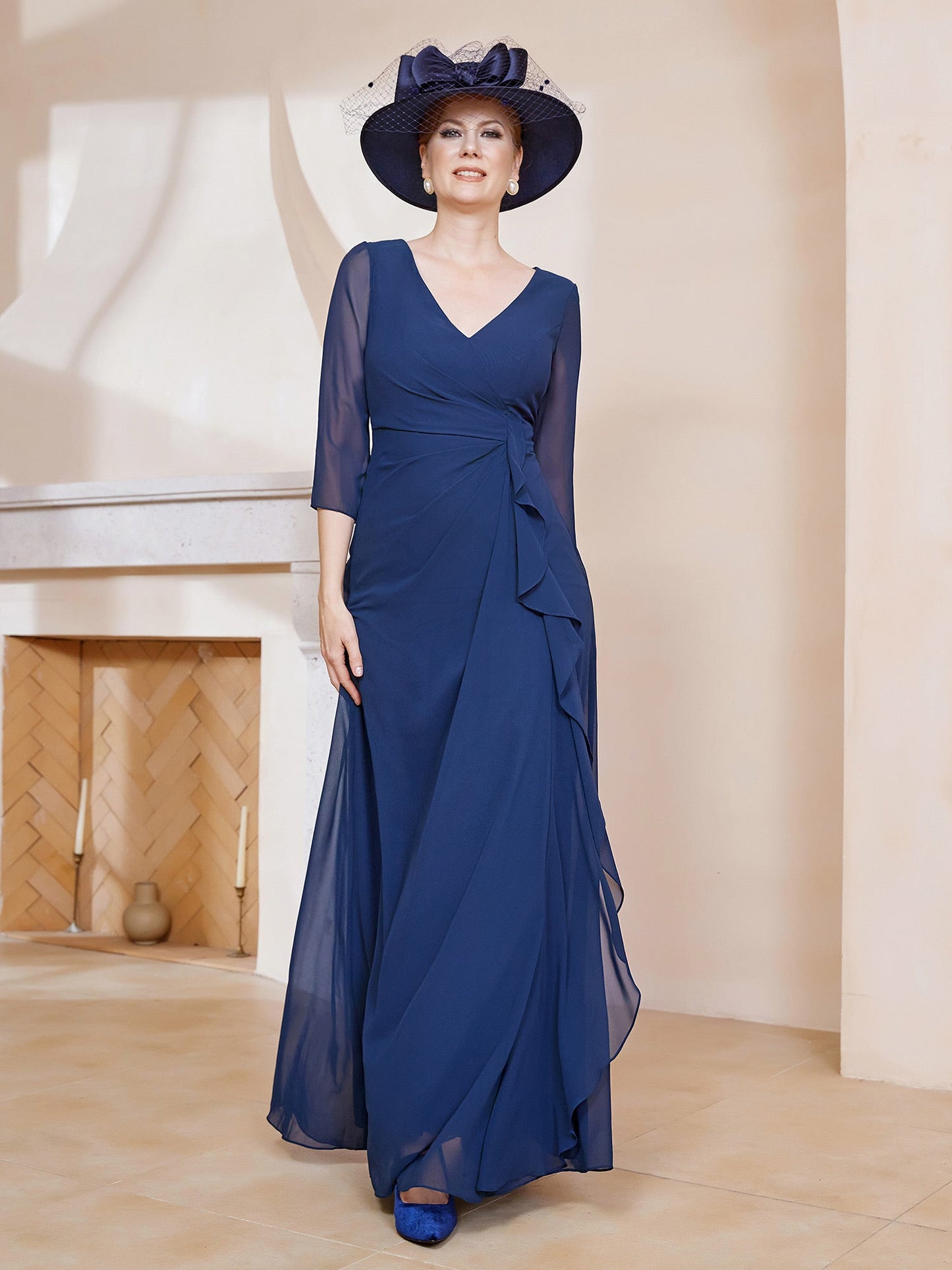 V-neck Ruffles Sheath Floor-Length Chiffon Dress