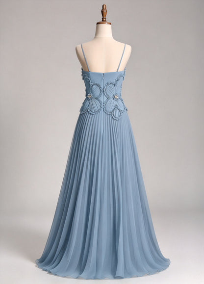 Strapless Dusty Blue Pleated Tulle A-Line Evening Gown with 3D Ruffled Floral Bodice