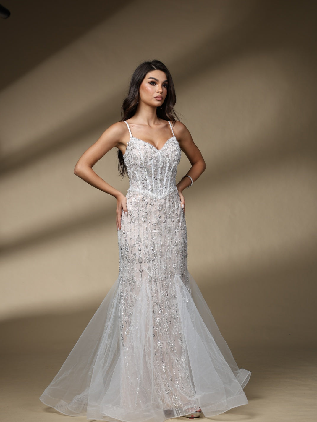 Spaghetti Strap Sweetheart Beaded Lace Mermaid Wedding Dress, Rhinestone Bridal Gown
