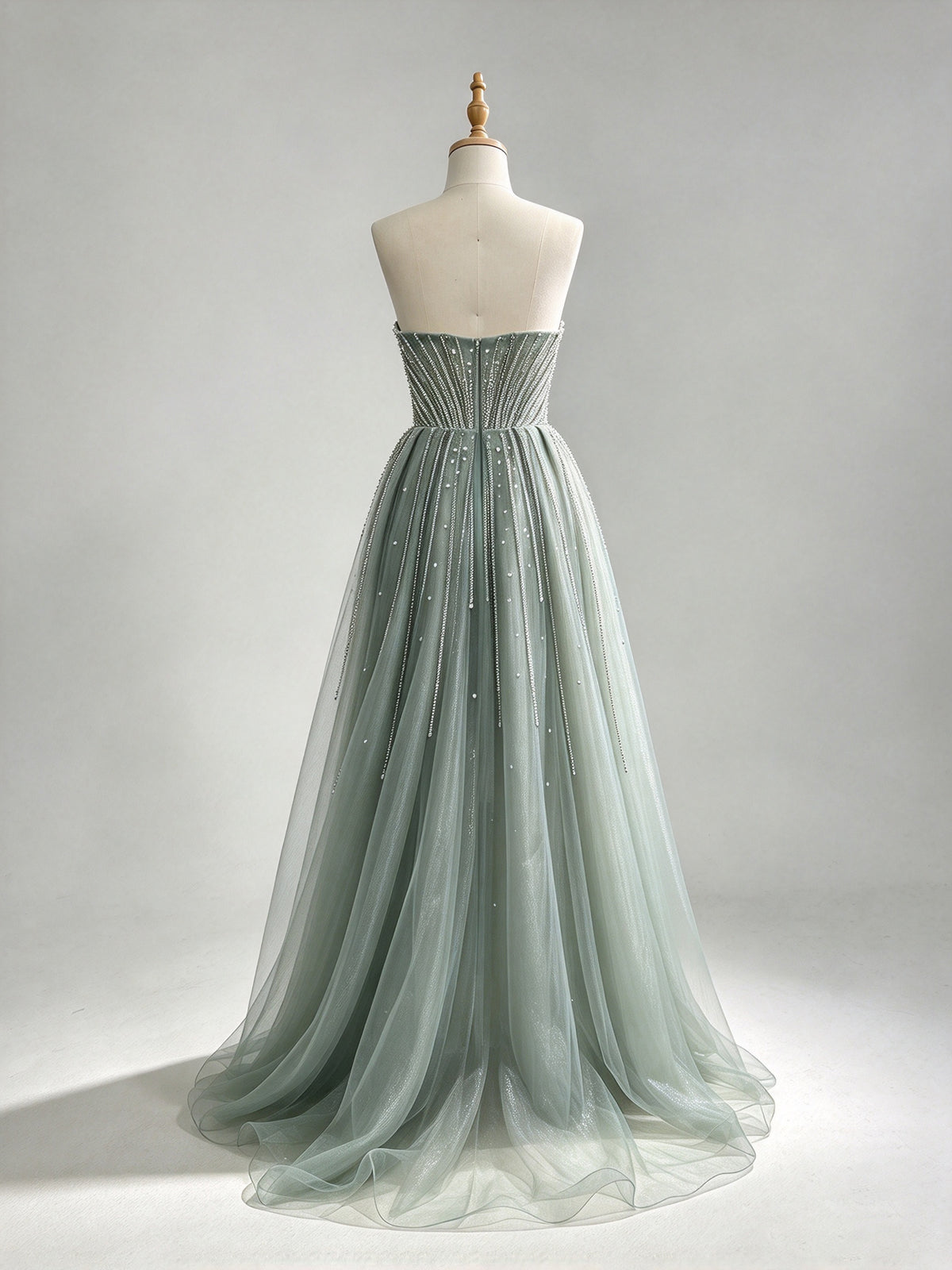 Sage Green Strapless Sweetheart Beaded Mermaid Prom Dress With Detachable Tulle Overskirt