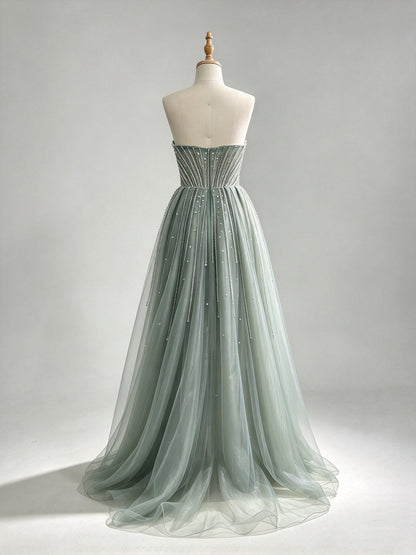 Sage Green Strapless Sweetheart Beaded Mermaid Prom Dress With Detachable Tulle Overskirt