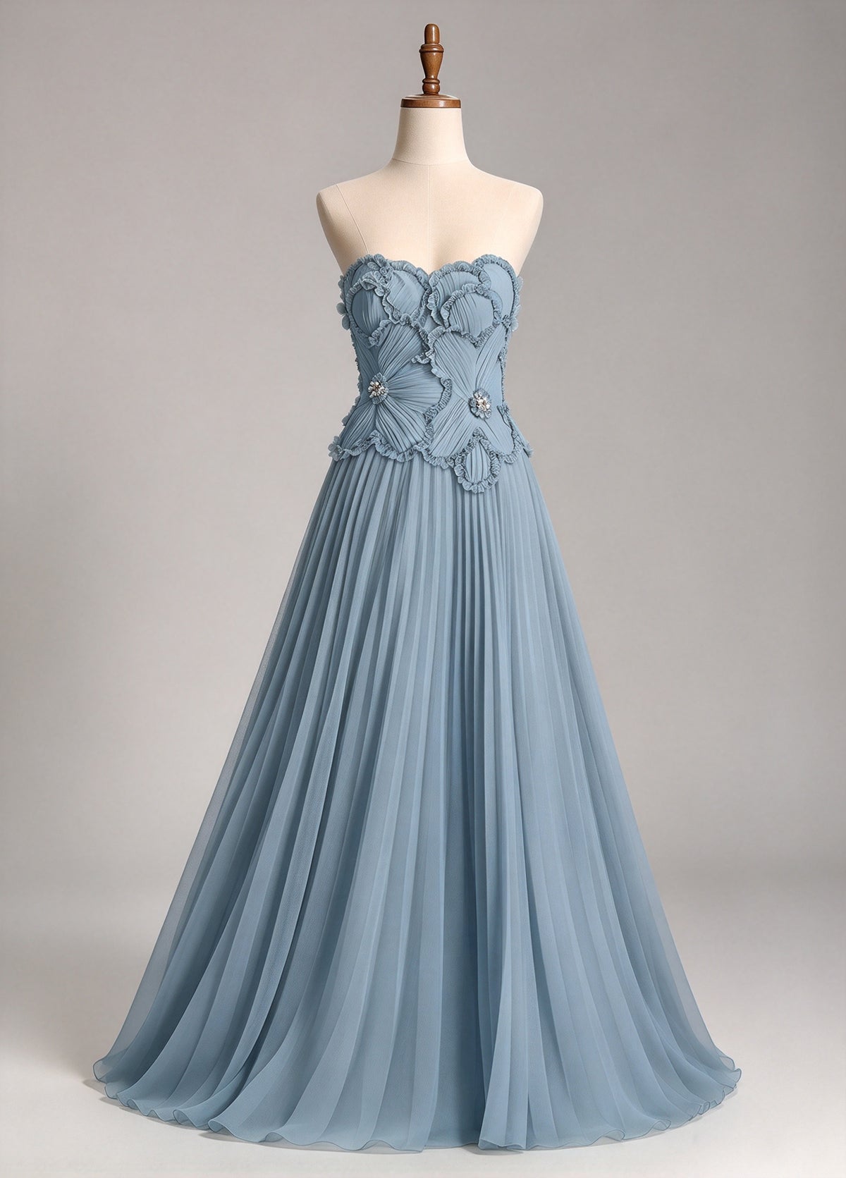 Strapless Dusty Blue Pleated Tulle A-Line Evening Gown with 3D Ruffled Floral Bodice