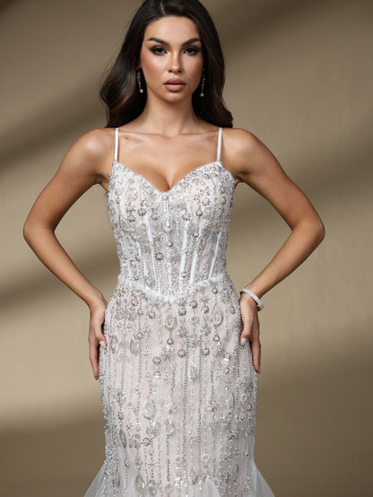 Spaghetti Strap Sweetheart Beaded Lace Mermaid Wedding Dress, Rhinestone Bridal Gown