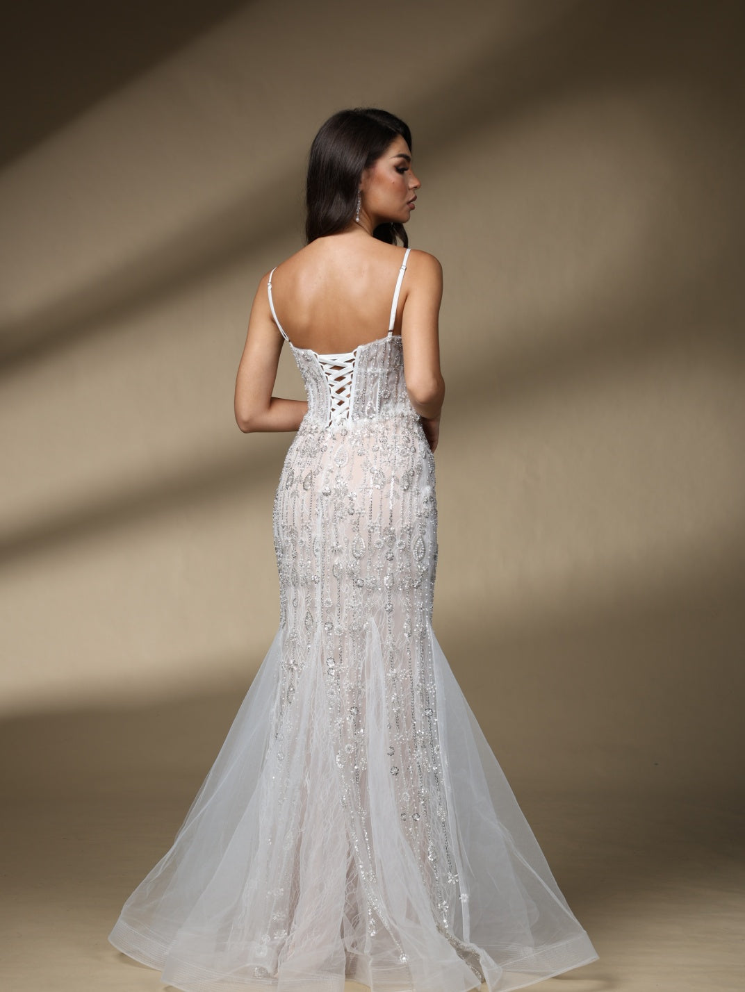 Spaghetti Strap Sweetheart Beaded Lace Mermaid Wedding Dress, Rhinestone Bridal Gown