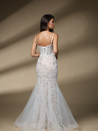Spaghetti Strap Sweetheart Beaded Lace Mermaid Wedding Dress, Rhinestone Bridal Gown