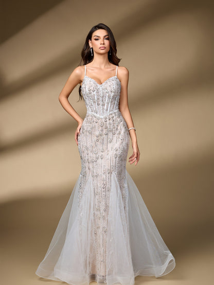 Spaghetti Strap Sweetheart Beaded Lace Mermaid Wedding Dress, Rhinestone Bridal Gown