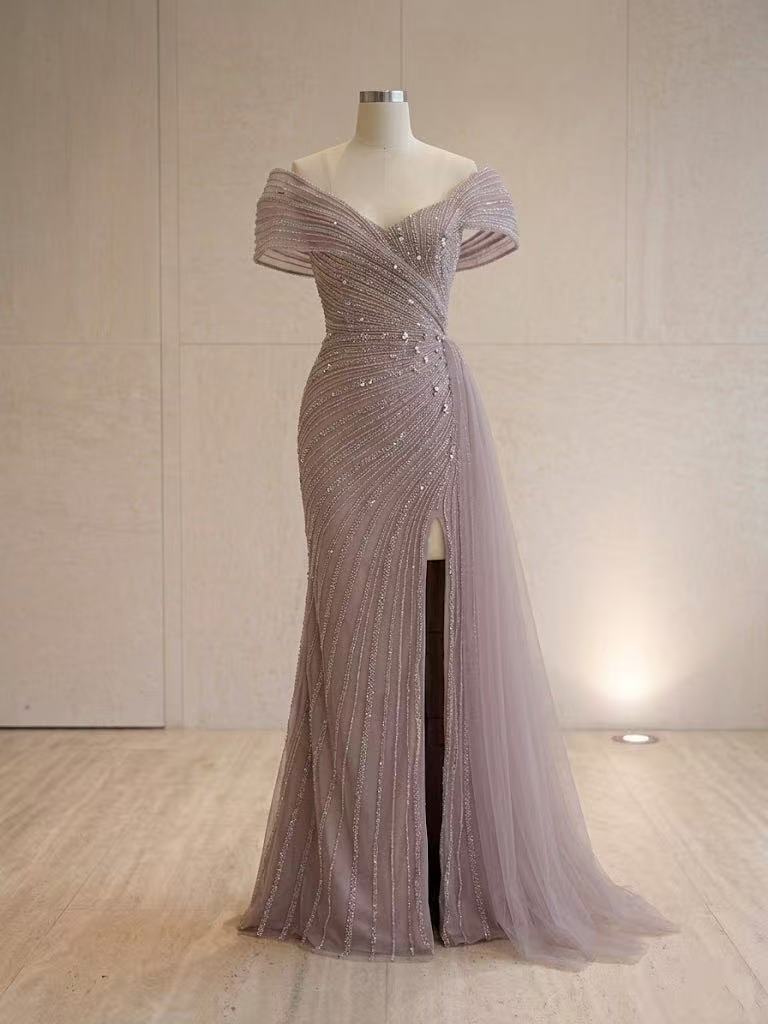 Dusty Lavender Off-The-Shoulder Wrap Beaded Mermaid Evening Dress With High Slit & Tulle Drape