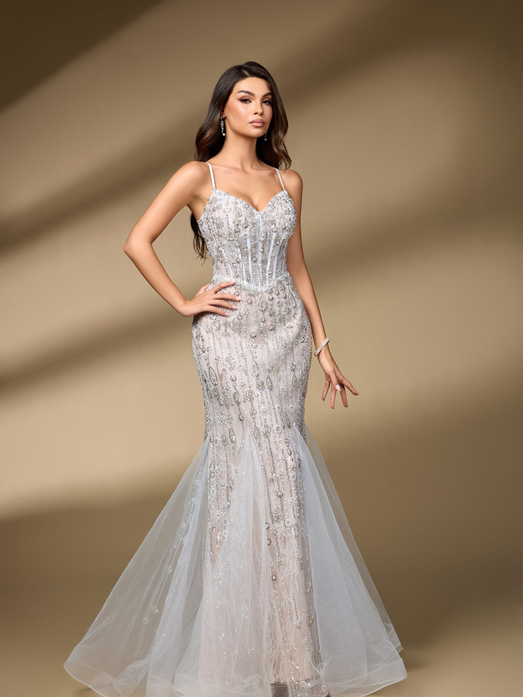 Spaghetti Strap Sweetheart Beaded Lace Mermaid Wedding Dress, Rhinestone Bridal Gown