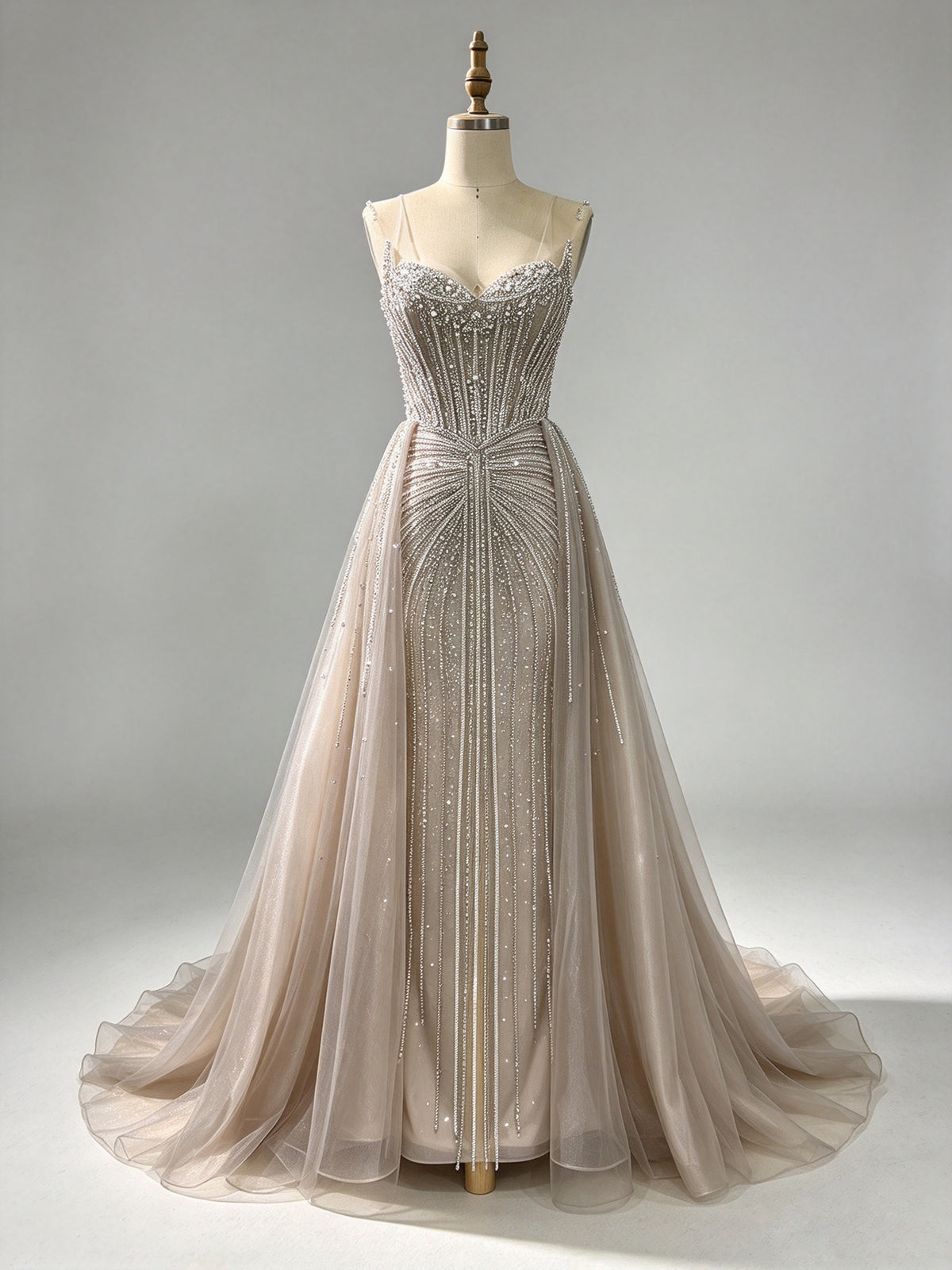 Champagne Spaghetti Strap Sweetheart Beaded A-Line Evening Gown With Tulle Overlay Train