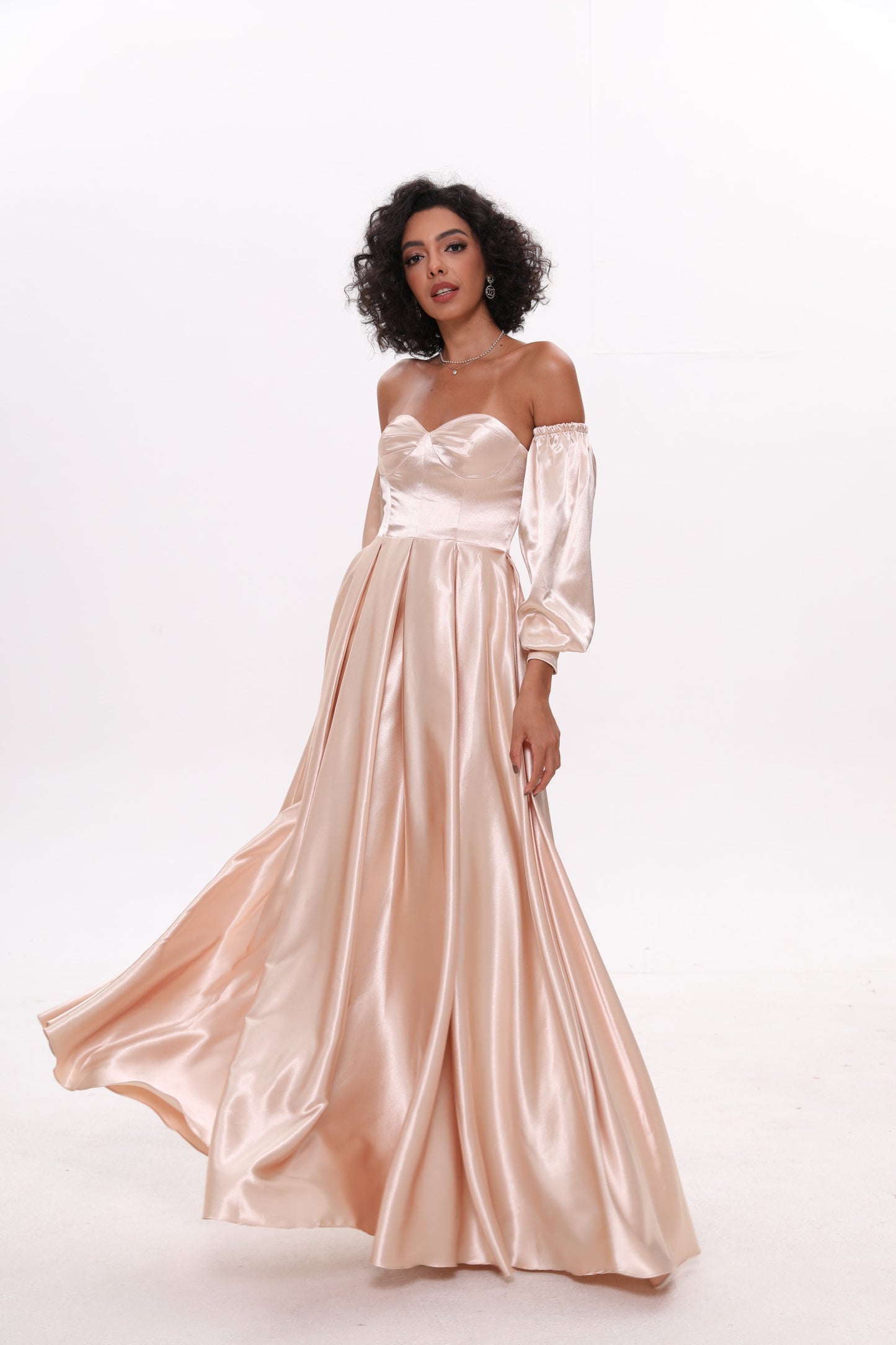 Off-the-shoulder Puff Sleeve Ball Gown Fluffy Pleated Long Flowing Dress