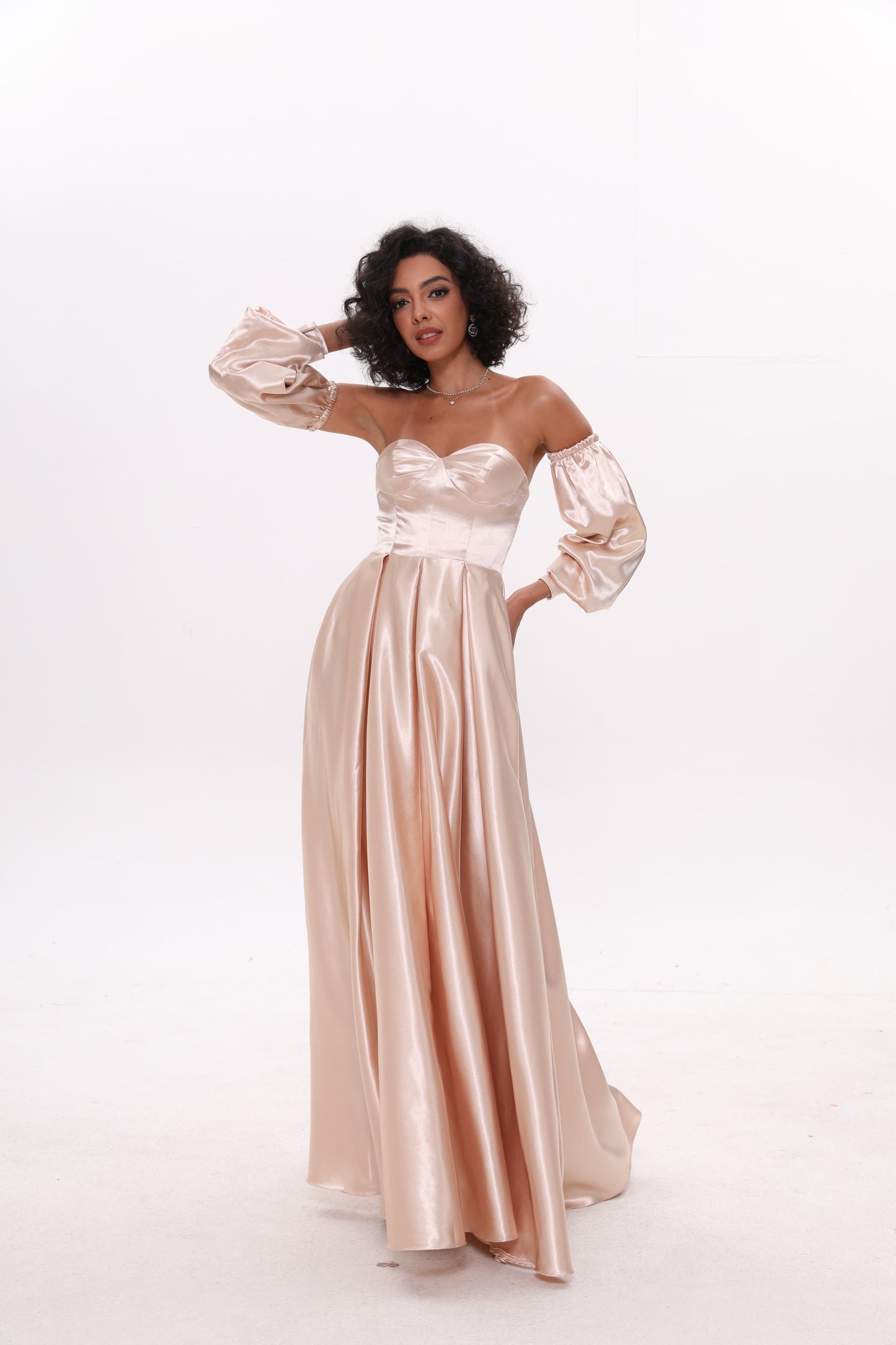 Off-the-shoulder Puff Sleeve Ball Gown Fluffy Pleated Long Flowing Dress