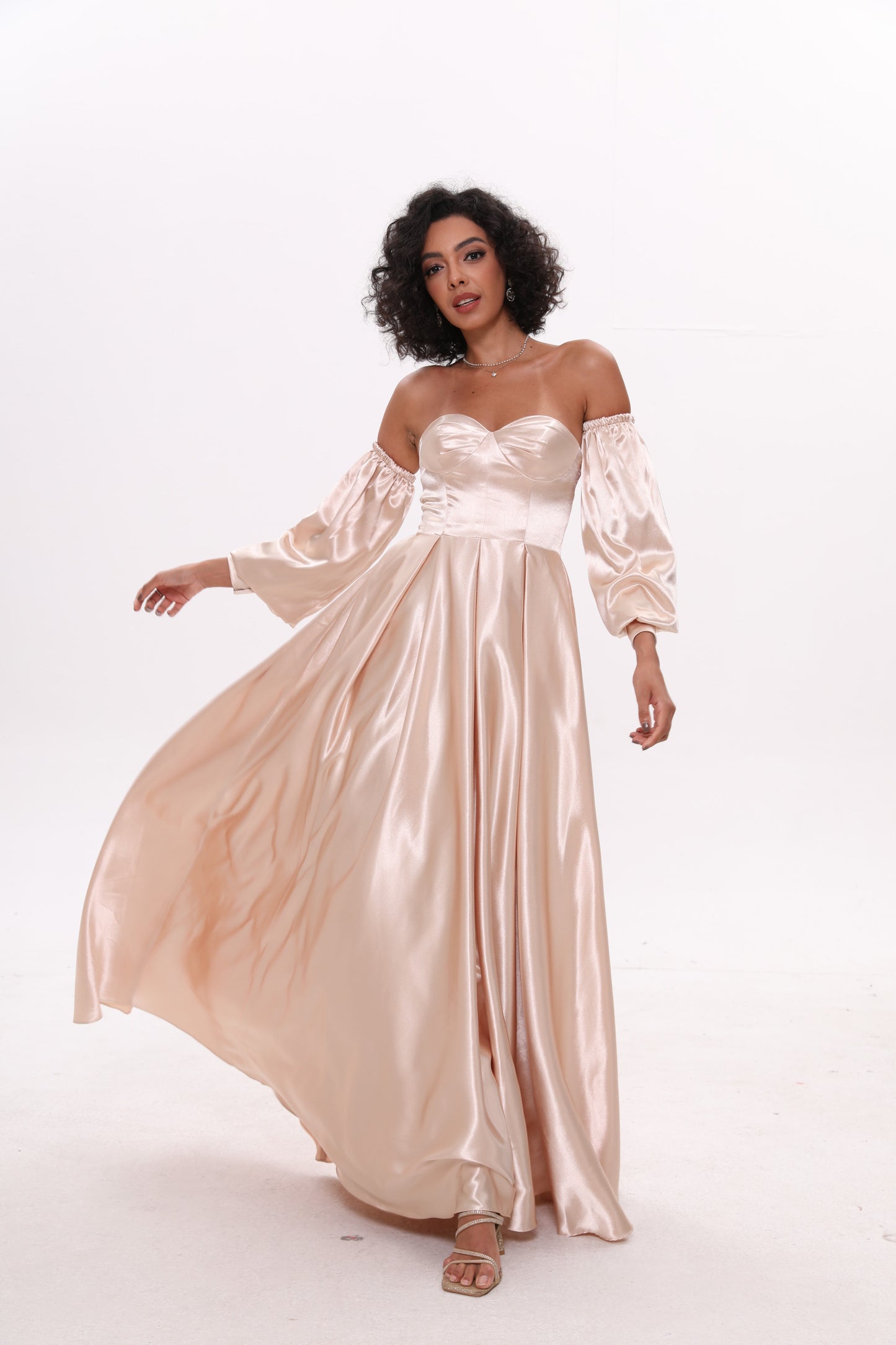 Off-the-shoulder Puff Sleeve Ball Gown Fluffy Pleated Long Flowing Dress