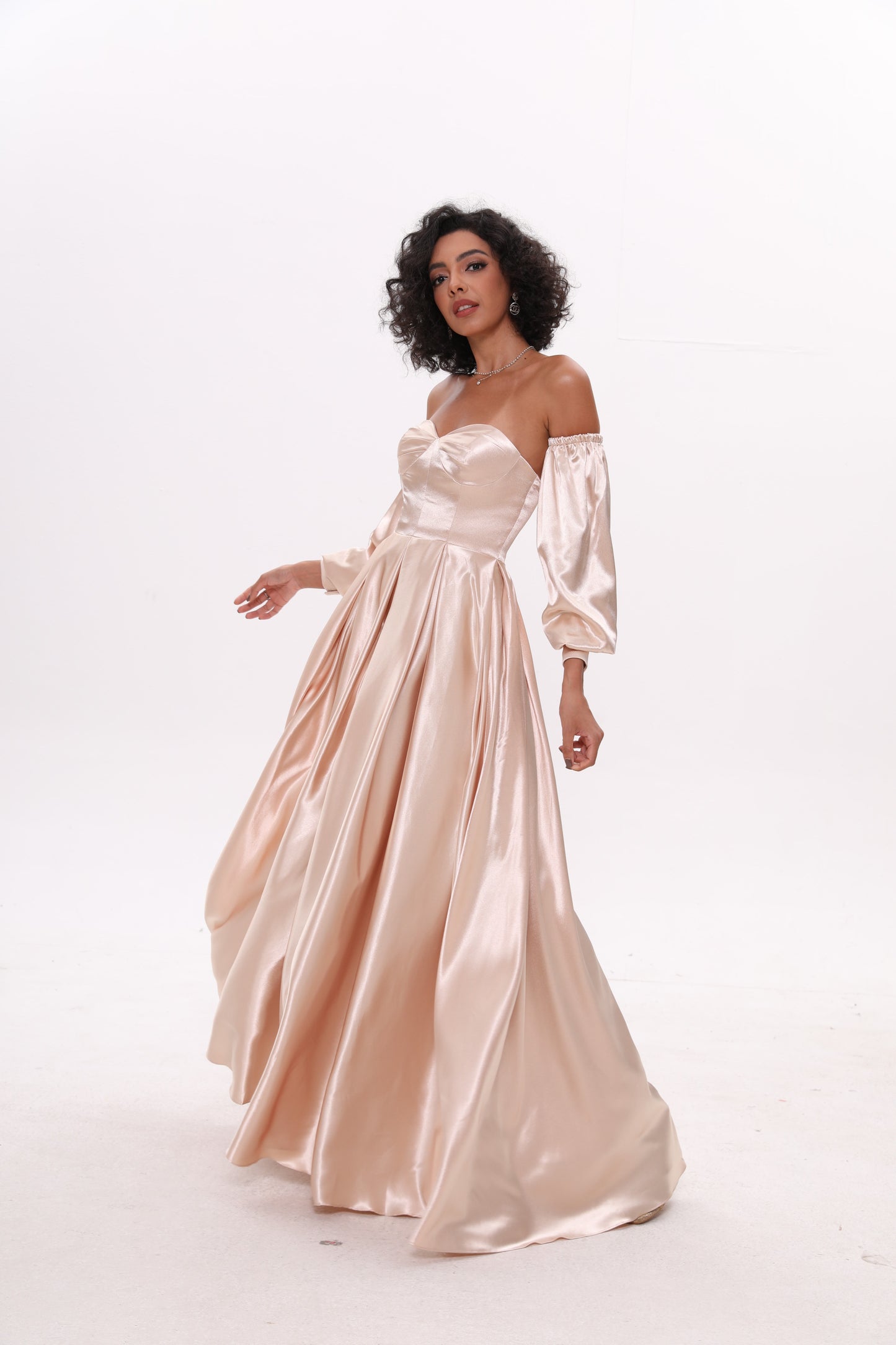 Off-the-shoulder Puff Sleeve Ball Gown Fluffy Pleated Long Flowing Dress