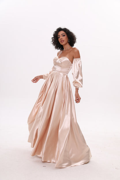 Off-the-shoulder Puff Sleeve Ball Gown Fluffy Pleated Long Flowing Dress