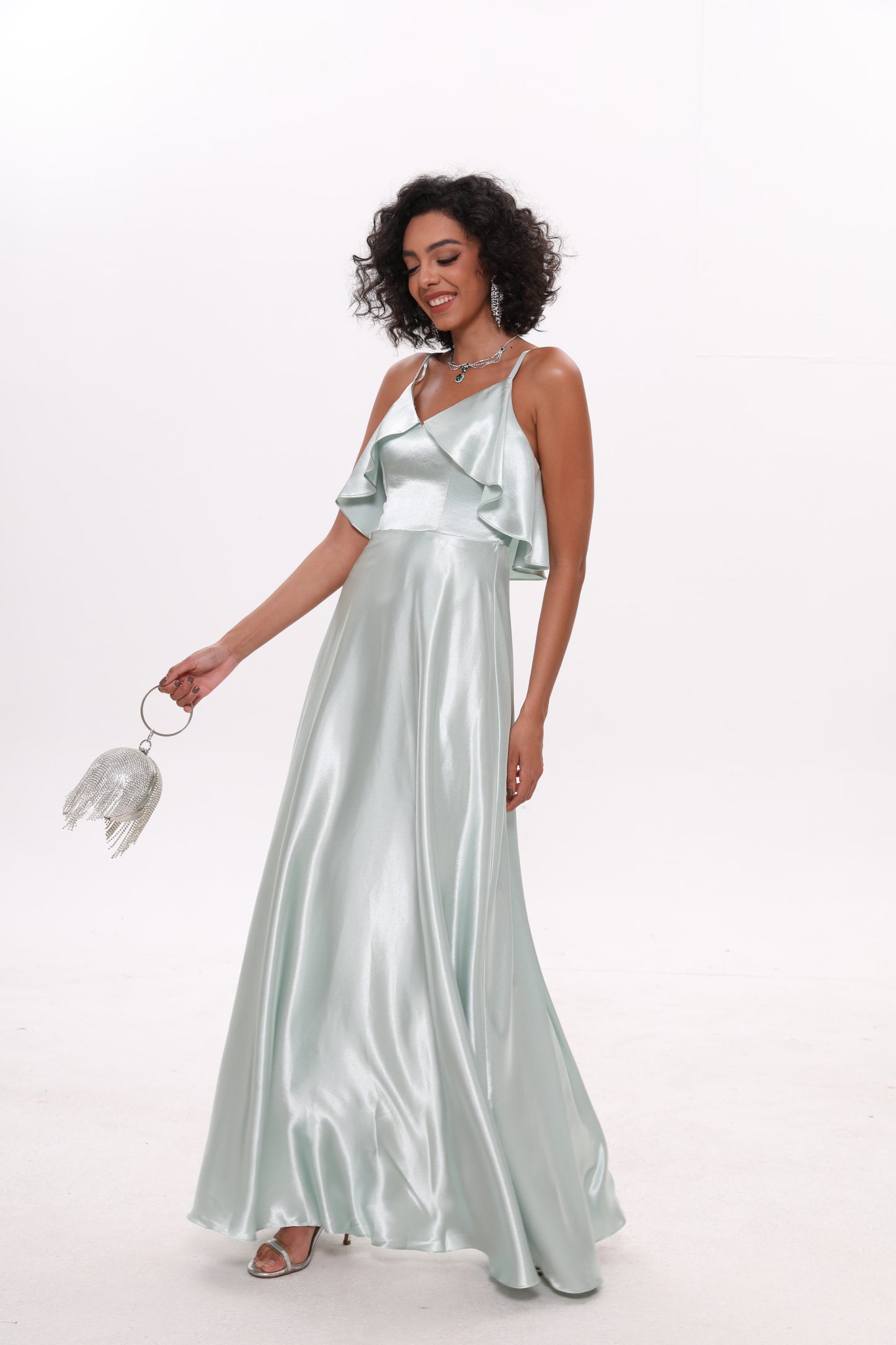 COLD SHOULDER SILK RUFFLE DRESS