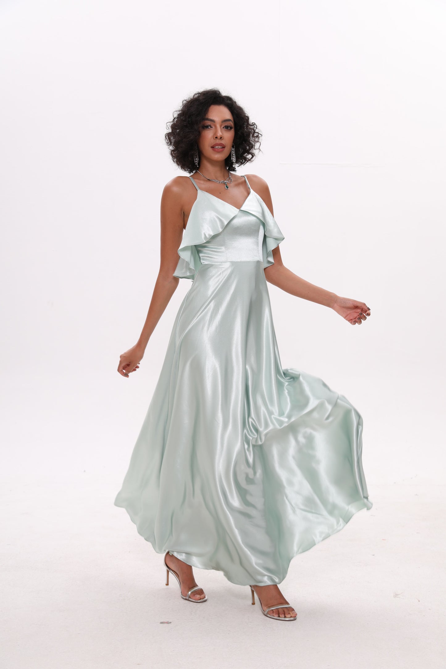 COLD SHOULDER SILK RUFFLE DRESS