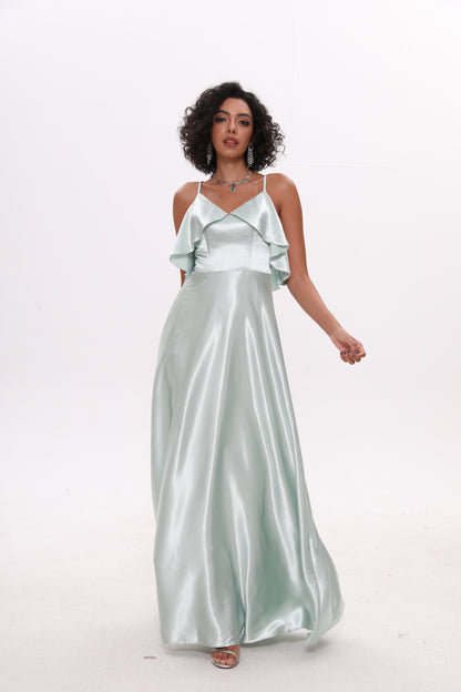 COLD SHOULDER SILK RUFFLE DRESS
